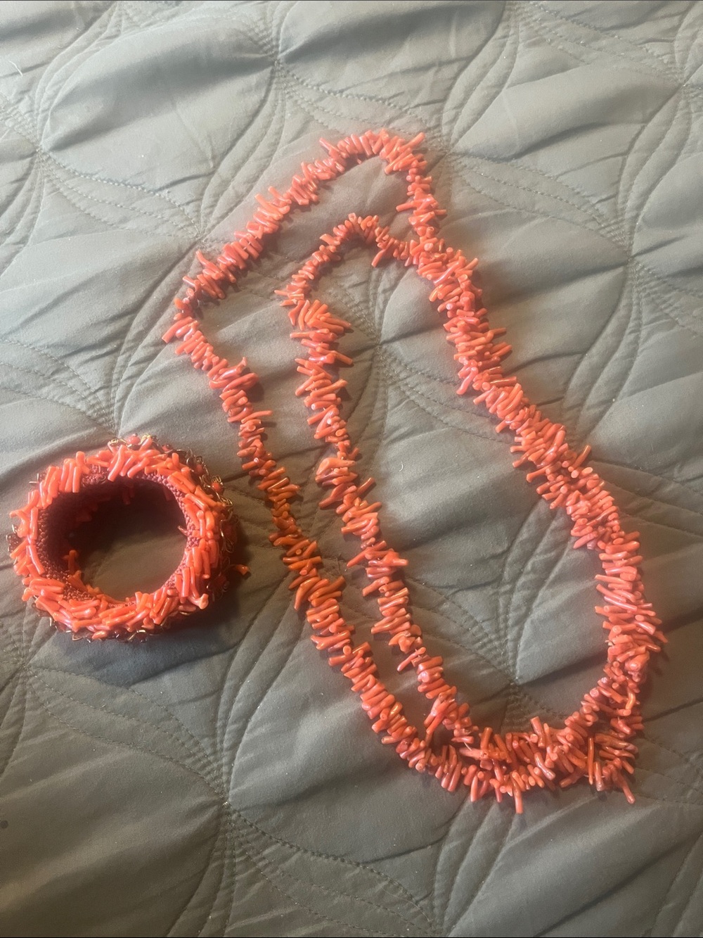 Coral Bead Strand Necklace and Bracelet Set - Vibrant Pink-Orange Accent